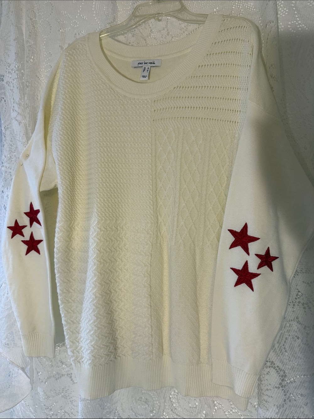 Cream Knit Sweater with Red Star Elbow Patches